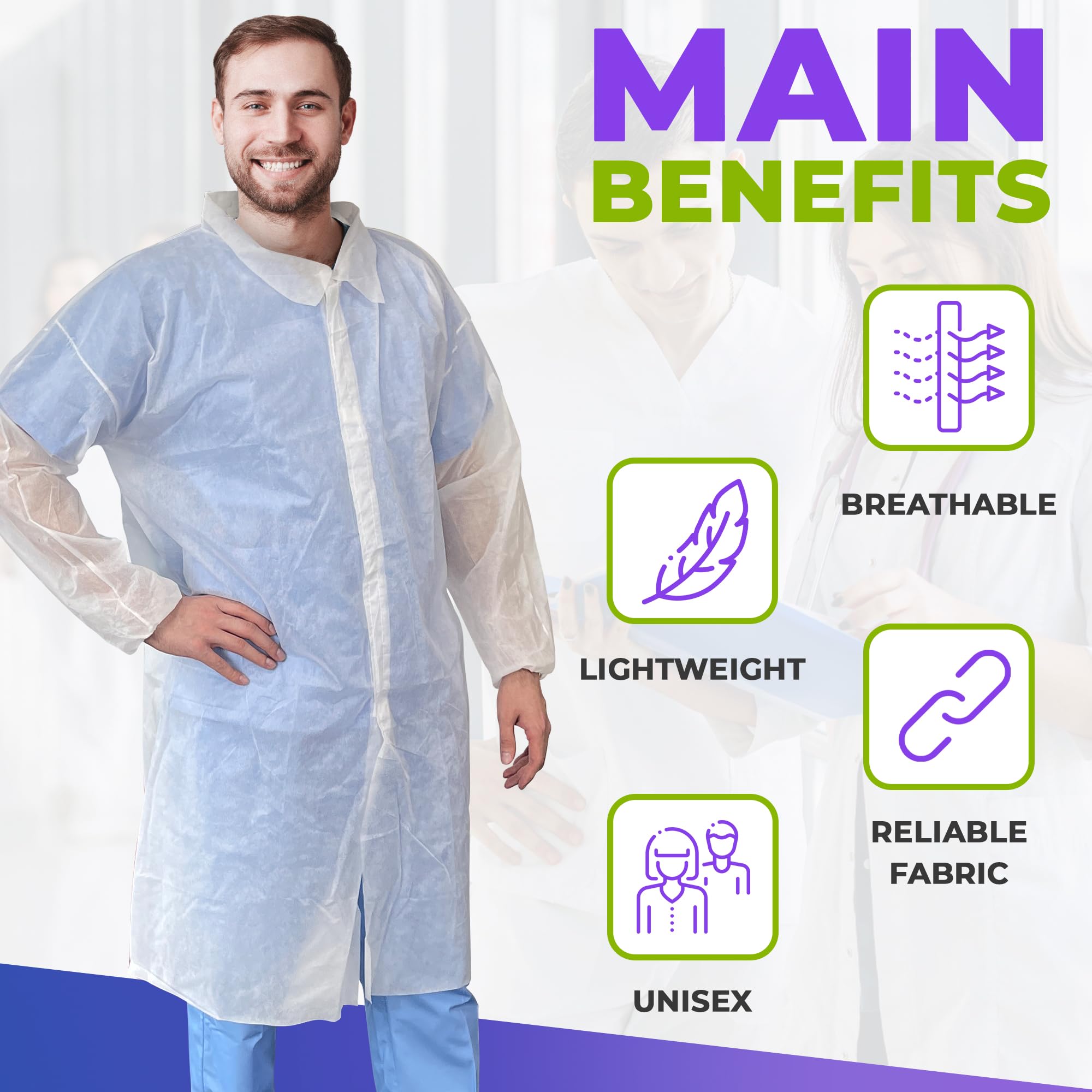 AMZ Medical Supply Disposable Lab coats for Adults 2X-Large, White Polypropylene Lab coats Disposable 100 Pack, Durable 35 gSM D