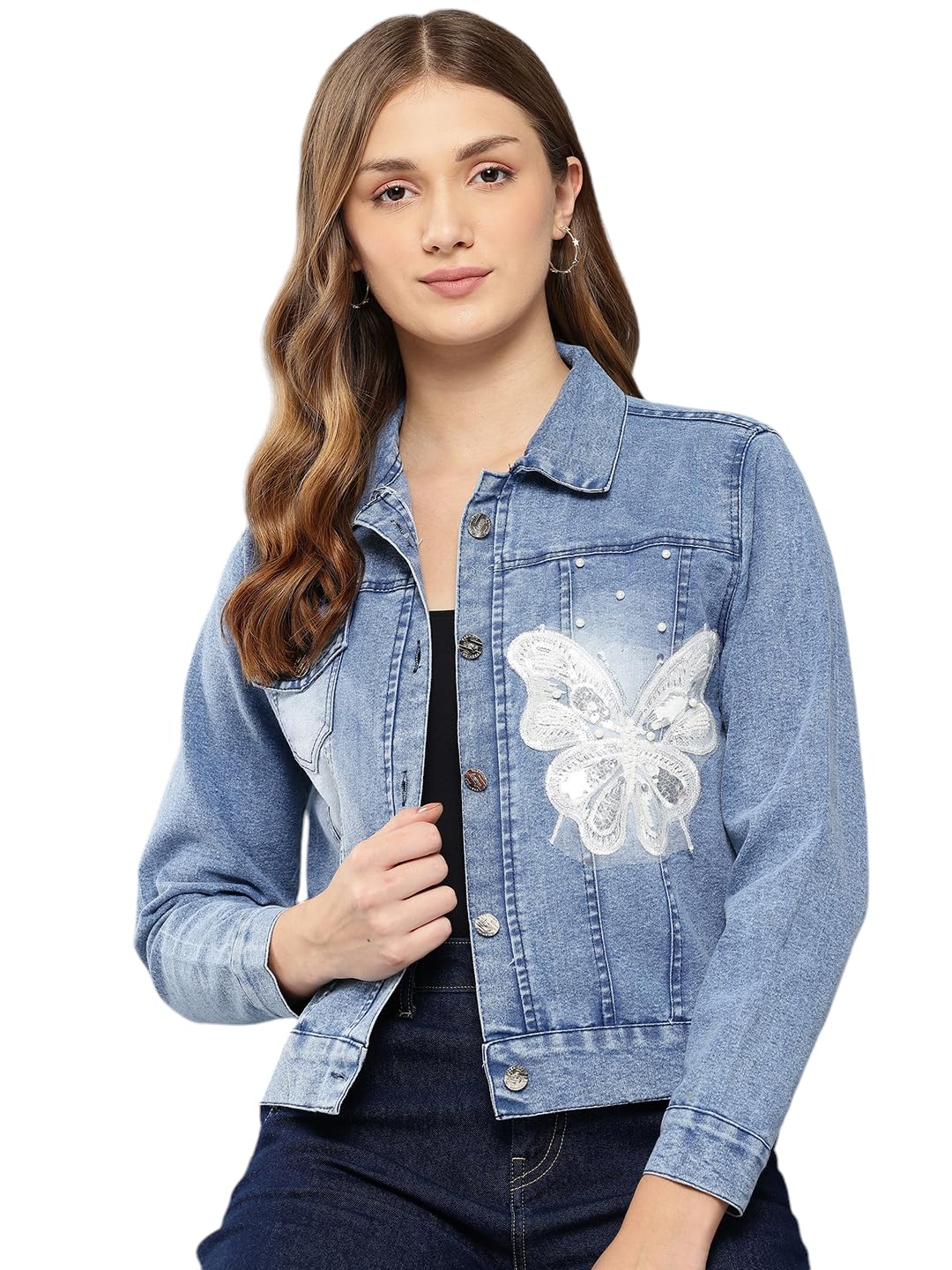 Aarika Womens Party Wear Blue Colour Self Design Denim Jacket-(S-L)