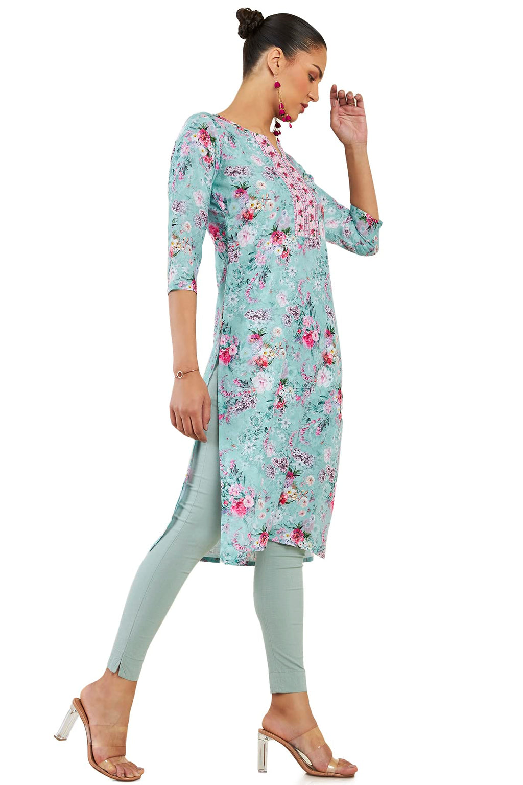 Soch Women Turquoise Blue Cotton Blend Floral Kurta
