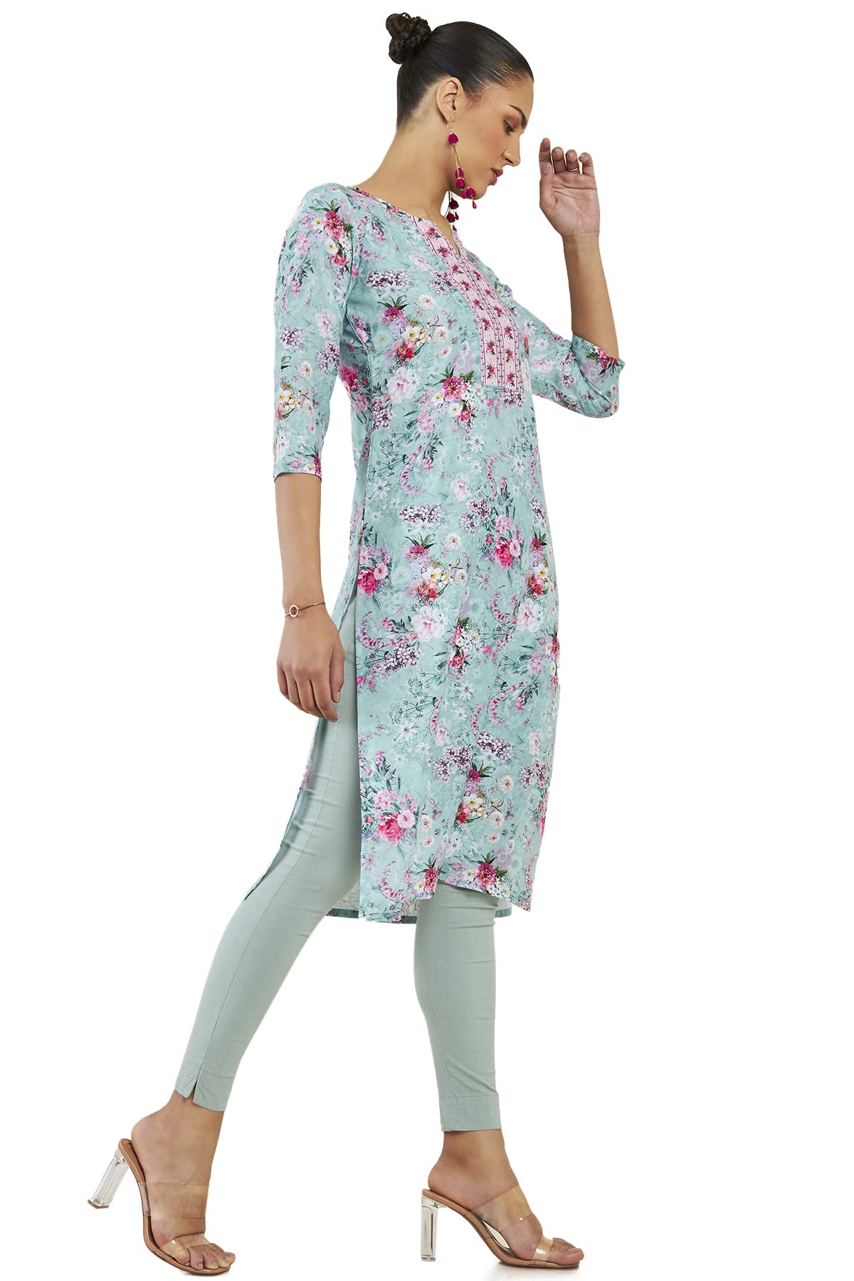 Soch Women Turquoise Blue Cotton Blend Floral Kurta