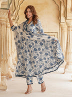 LookMark Womens Printed Cotton Blend A-line Kurta Pant Dupatta Set with Lace - Elegant Ethnic Wear for Women - Perfect for Casu