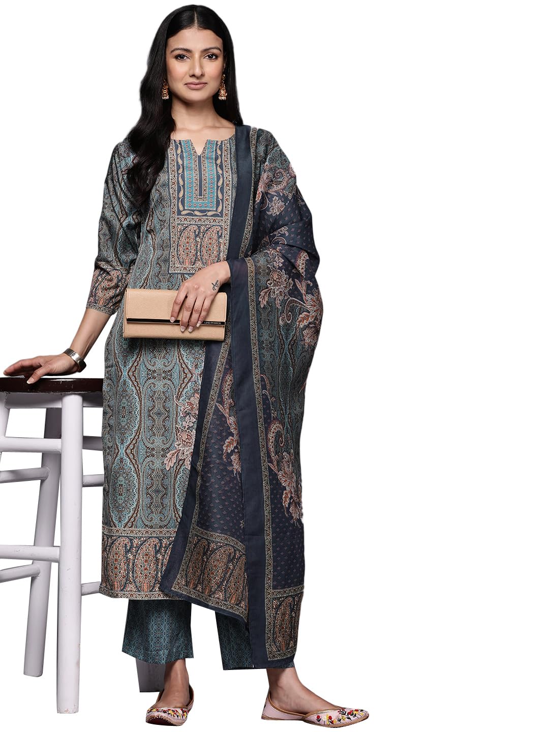 Libas Womens Poly Crepe Kurta Sets (34211_Blue