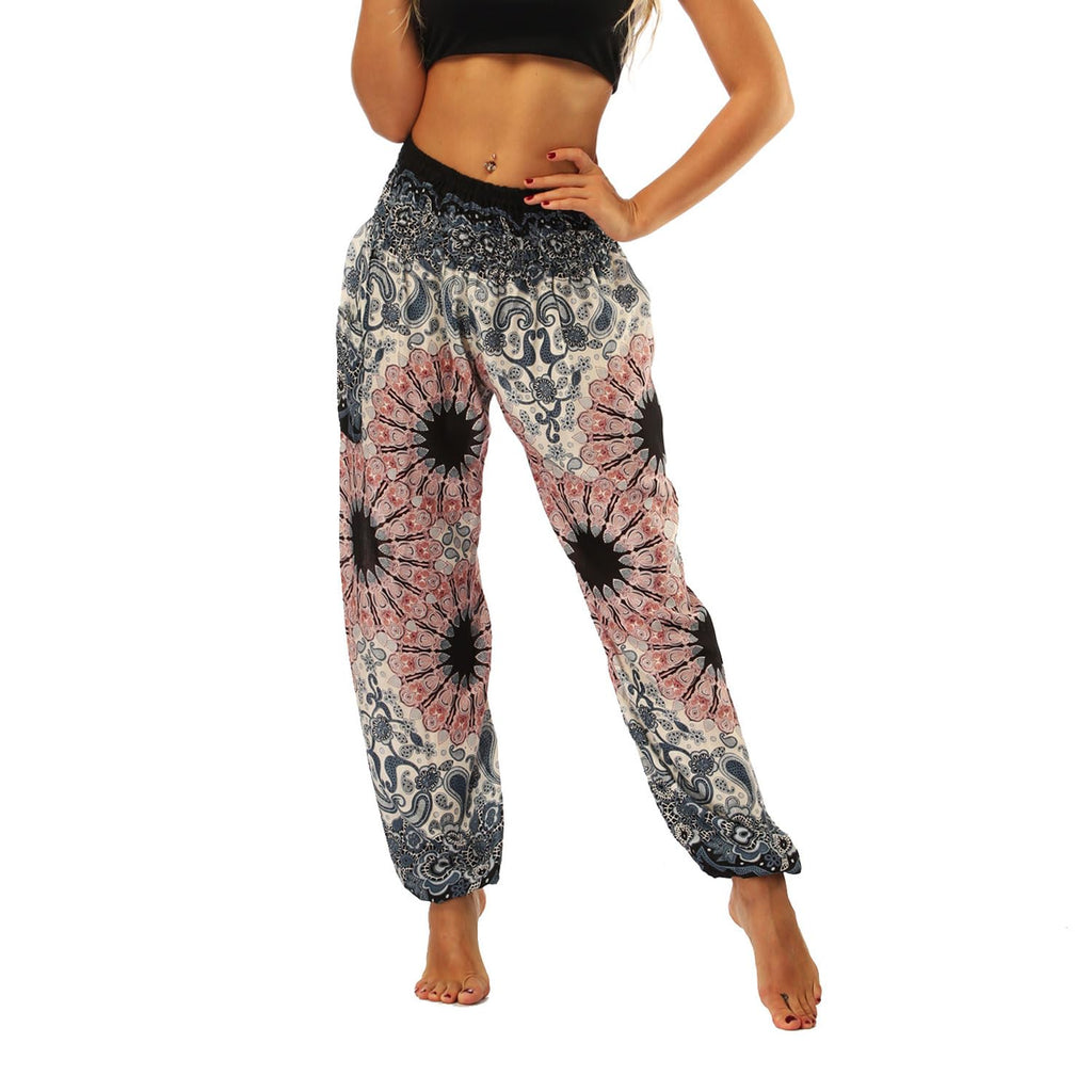 Lu's Chic Women's Boho Pants Harem Smocked Waist Yoga Hippie Palazzo Summer Beach Pants Pattern10 One Size
