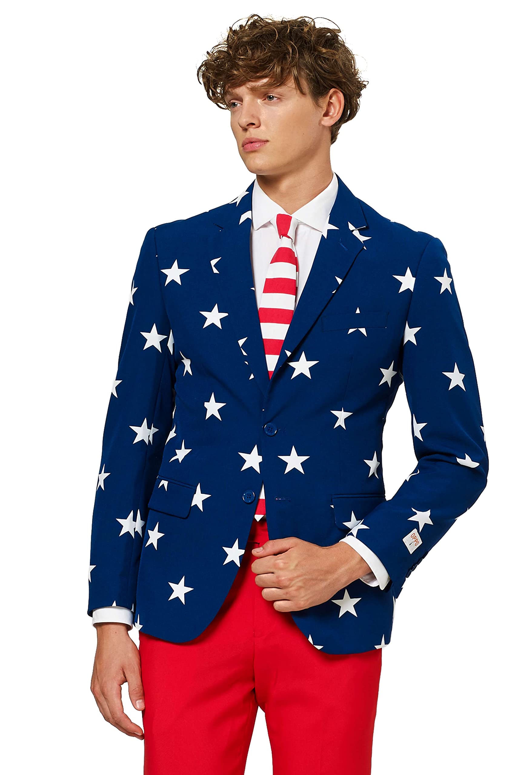 OPPOSUITS Men American Flag Suit - USA Outfit for the 4th of July with Red White and Blue Jacket, Pants and Tie