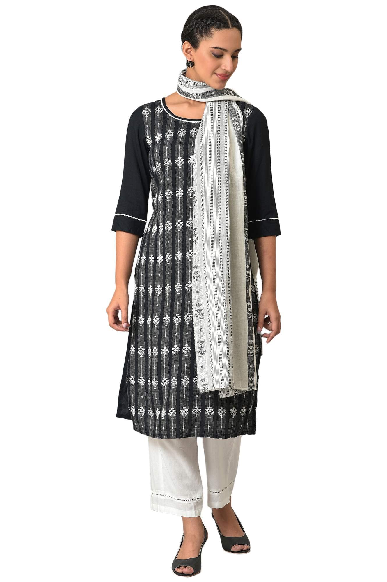 Black Geometric Printed Cotton Kurta Set