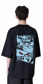 Cotton Four Anime Story Back Printed 3/4 Sleeve Black Oversized T Shirt For Men