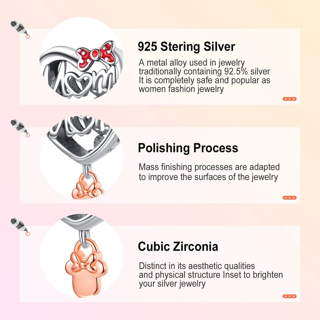 Annmors Lovely Jewelry Love Mom   Dangle Charm in 925 Sterling Silver Mother Heart Charm Dangle for Women Bracelet & Necklace DI