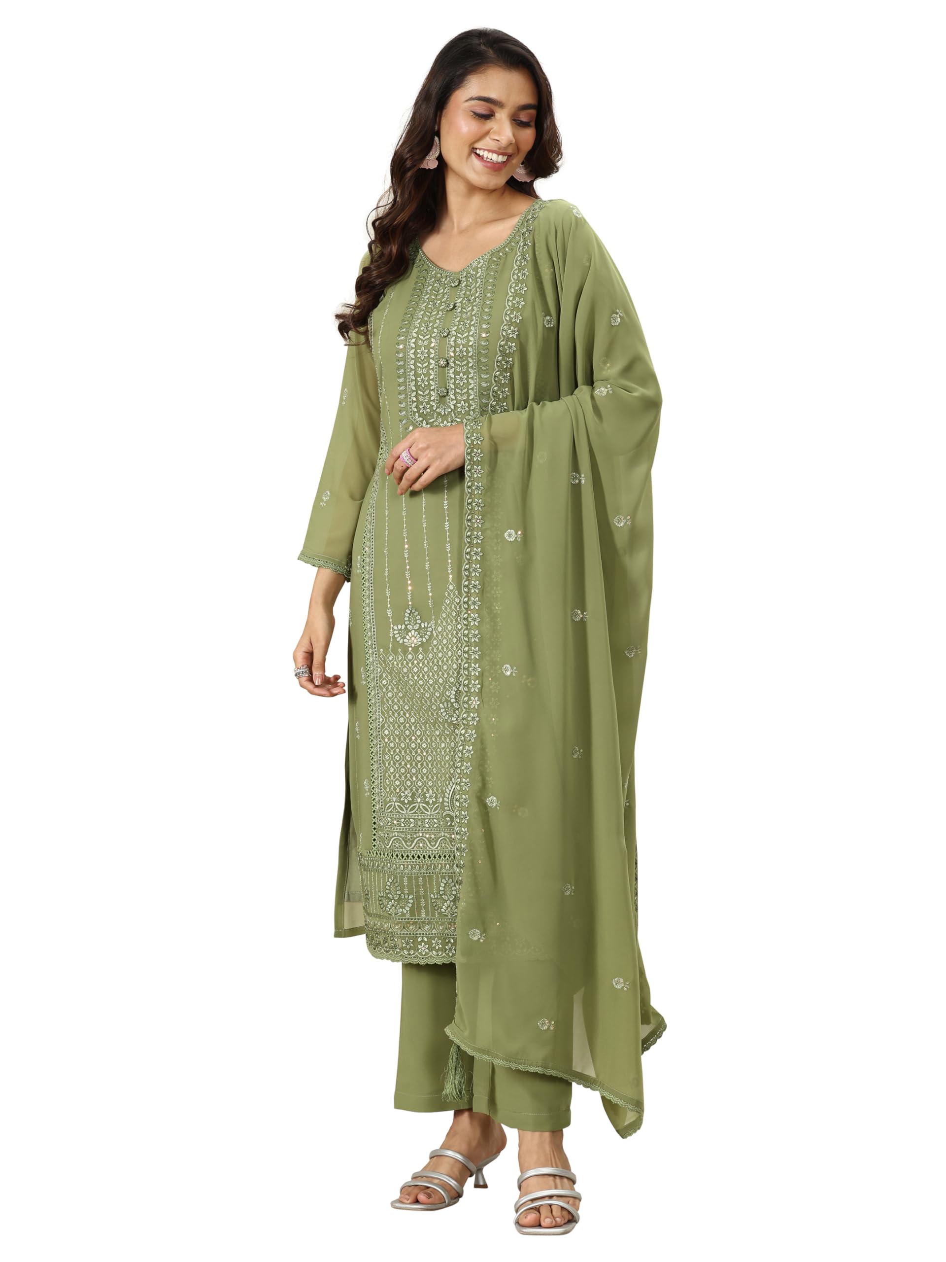 Libas Green Embroidered Georgette Straight Kurta set for Women (99396RS)