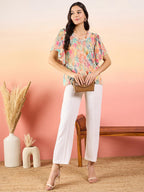 Modeve Women Multicolor Floral Print Bell Sleeves Top