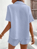 Shasmi Women & Girls Sky Blue Solid Color Button Front Vacation Solid Texture Short Sleeve Loose Fit Drop Shoulder Pocket Shirt