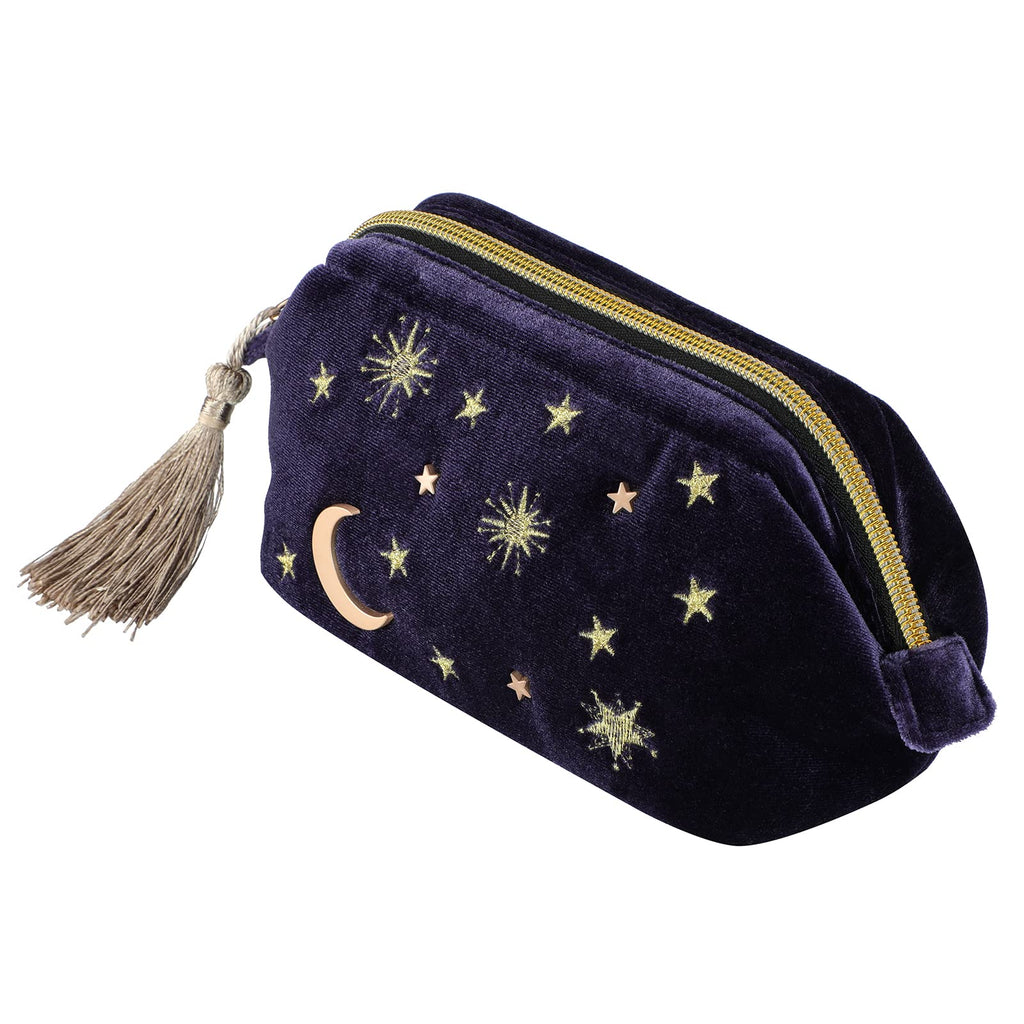 Handy cosmetic makeup bag,Navy Velvet Embroidered Applique Moon Stars Cosmetic Bag,Starry Makeup Pouch with Tassels & Pearl Zipp