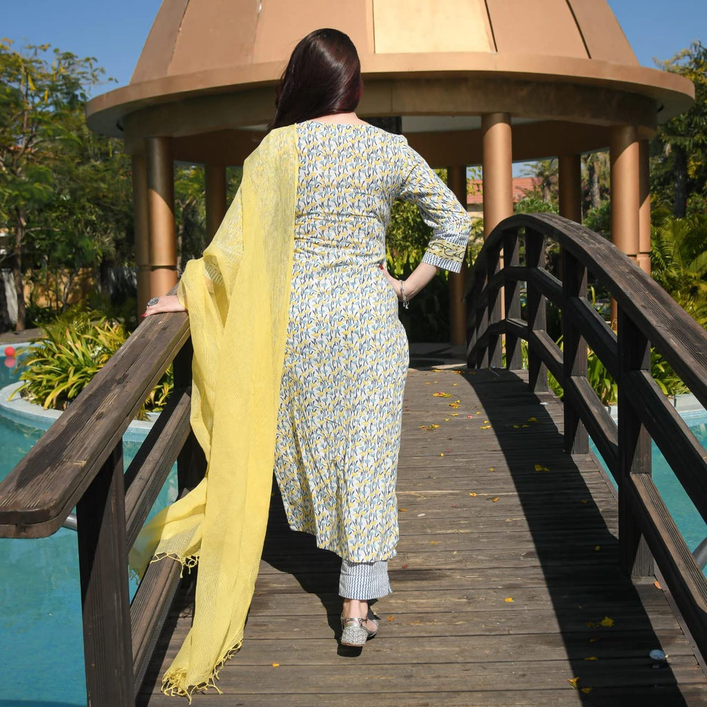 ANNI DESIGNER Womens Cotton Blend Straight Kurta with Pant & Dupatta (MURHAR-Yellow_XXL_Yellow_XX-Large)