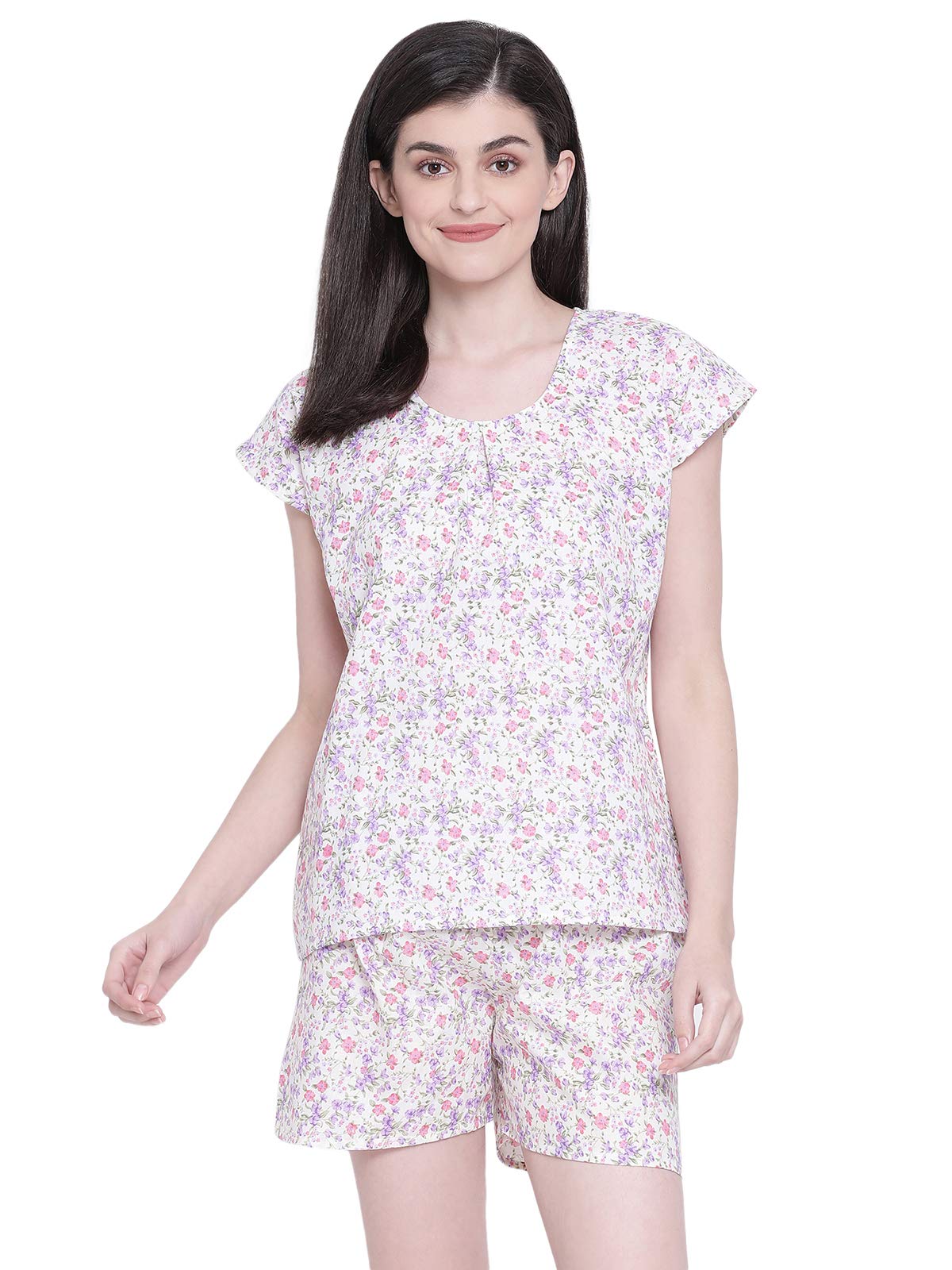 Clovia WomenS Cotton Pretty Florals Top & Shorts Set (Ls0533P12_Purple_Xl)