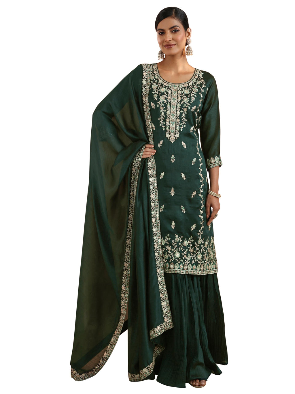 Libas Womens Embroidered Chinon Straight Kurta With Sharara and Dupatta