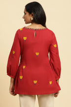 W For Woman Red Embroidered Cotton Tunic Top With Thread W For Womanork