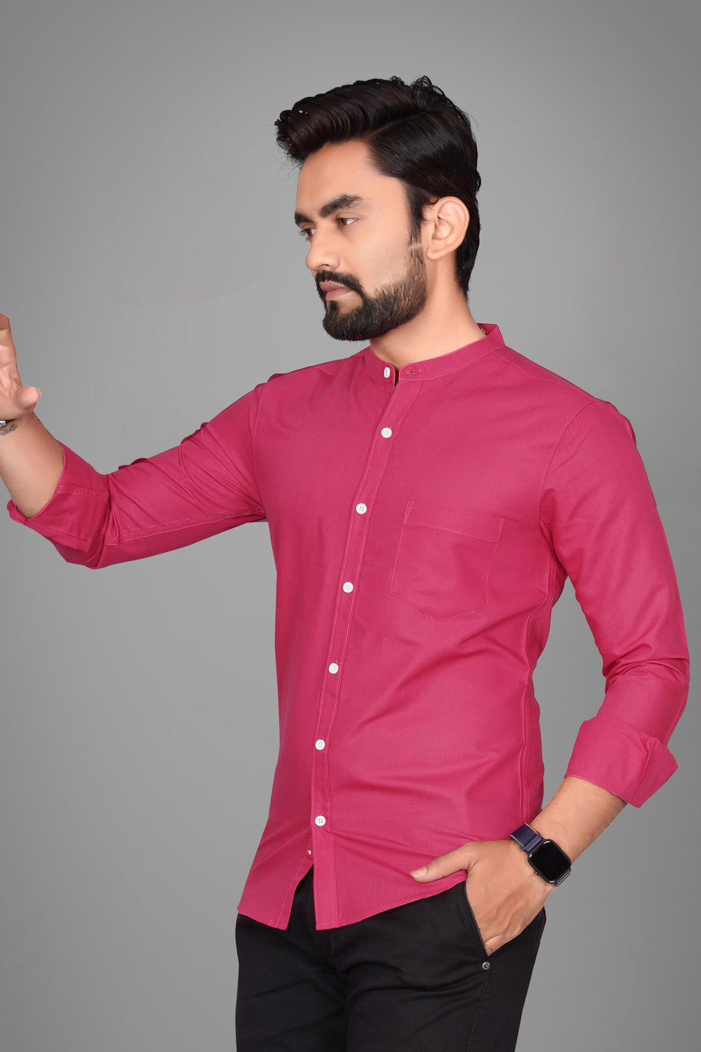 Besix MenS Regular Fit Solid Cotton Shirt | Chinese Collar | Casual | Plain | Branded | Mandarin Collar | Full Sleeve | Summer