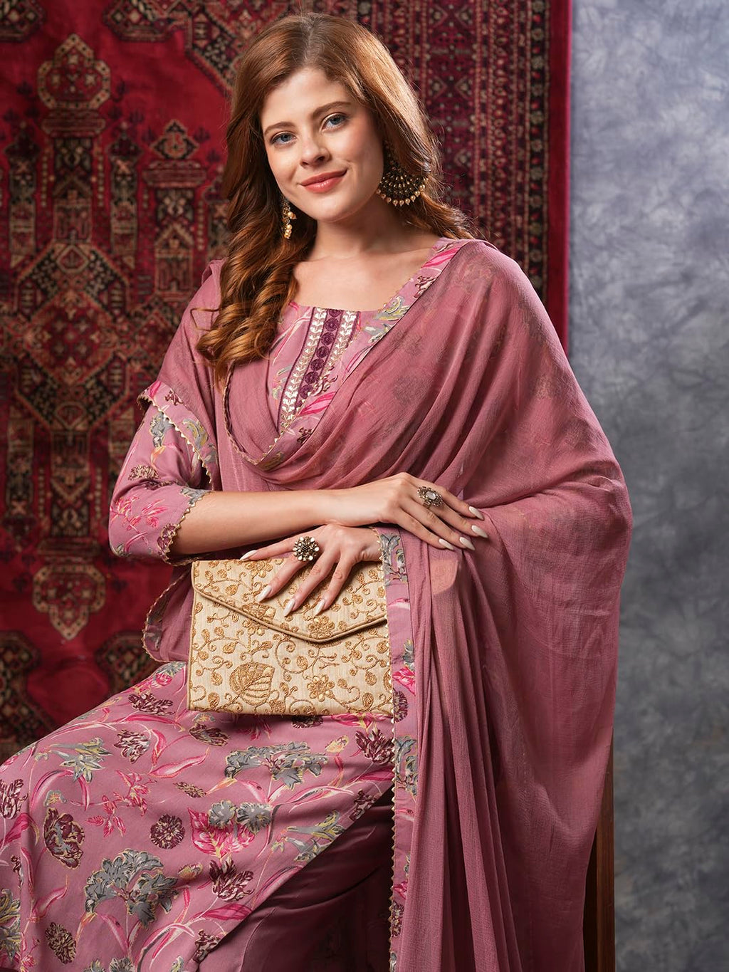 ANNI DESIGNER Women s Kurta with Trousers and Dupatta, peach, L