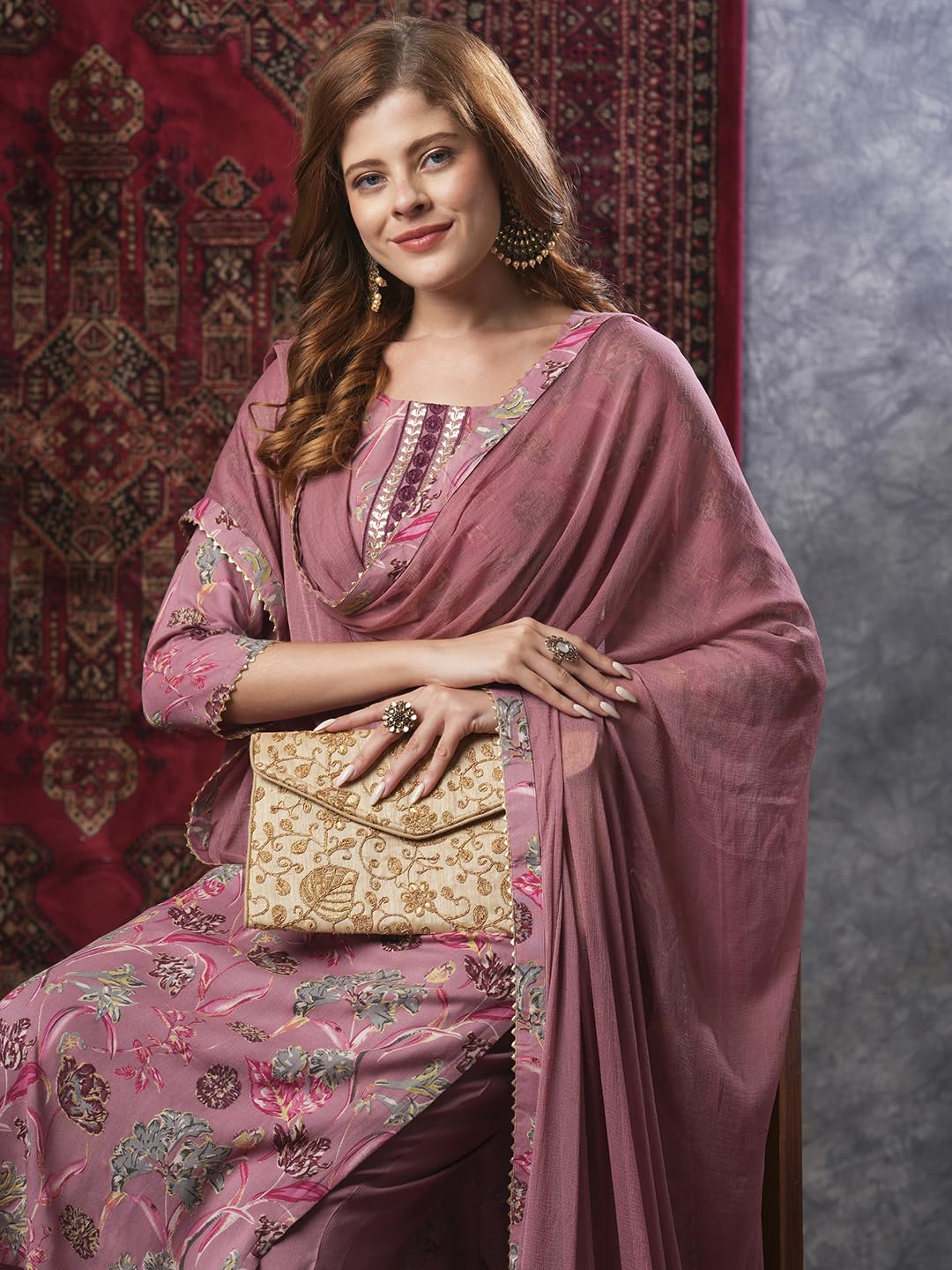 ANNI DESIGNER Women s Kurta with Trousers and Dupatta, peach, L