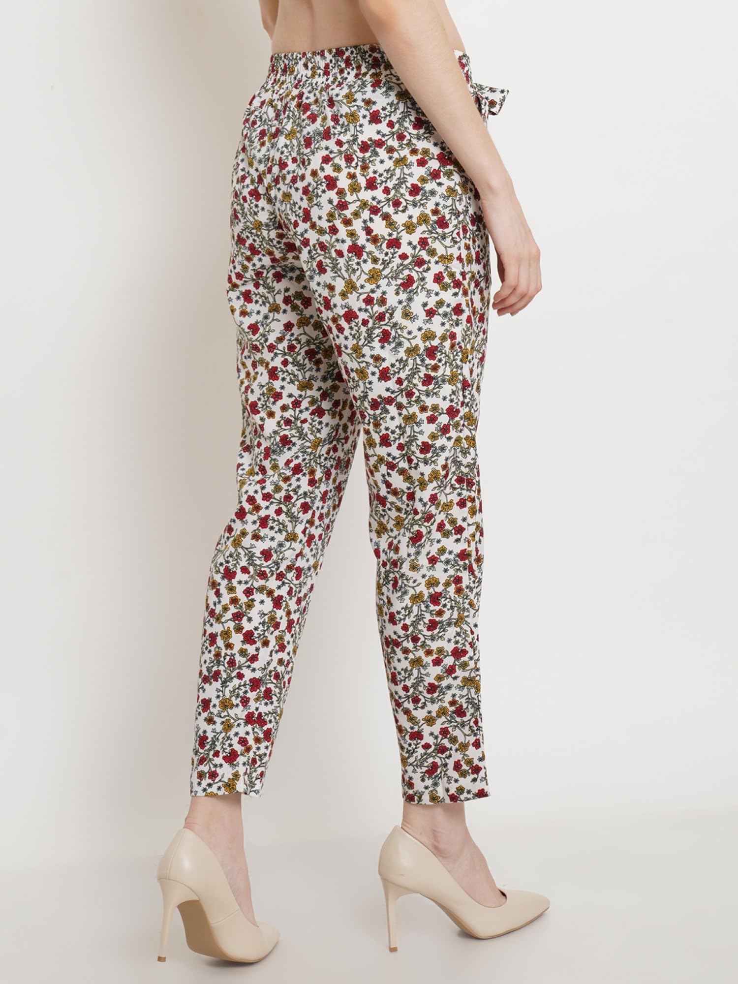 POPWINGS Women Casual White Floral Relaxed Fit Winted Trouser Trousers for Women | Stylish Trousers for Women Trousers for Women