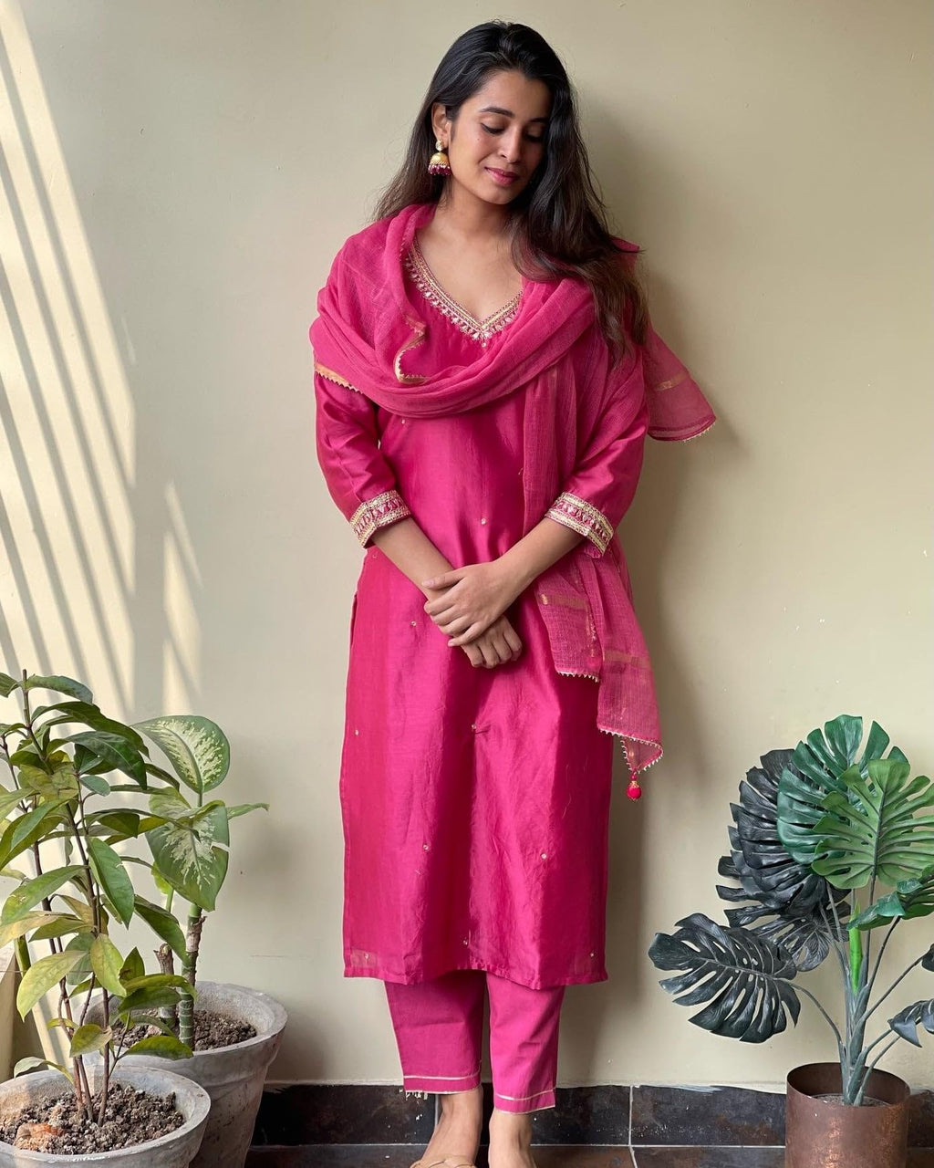 ANNI DESIGNER Womens Cotton Blend Straight Embroidered Kurta with Pant & Dupatta (BAGICHA-Rani_XXL_Pink_XX-Large)