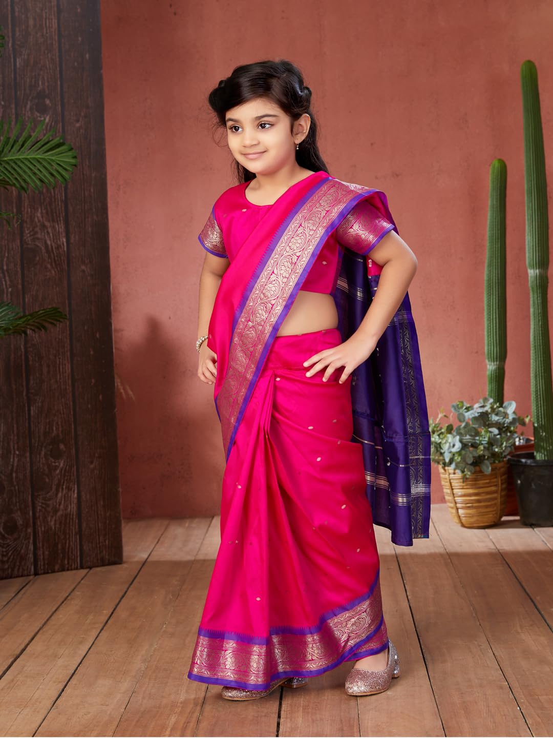 Aarika Girls Ethnic Wear Rani Colour Kalyani Silk Saree (3-9 Years)