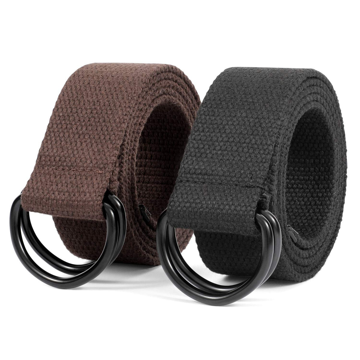 Jasgood Men&Women Canvas Belt Web Fabric Belt With Black Double DRing Solid Color 1 1/2 Wide Set Of 2 (Black/Coffee,Fit Waist  40-45