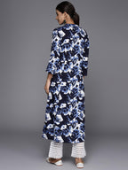 Varanga Navy Blue Floral Printed Mandarin Collar With Slit, Three Quarter Sleeves A-Line Kurta With Side Slits