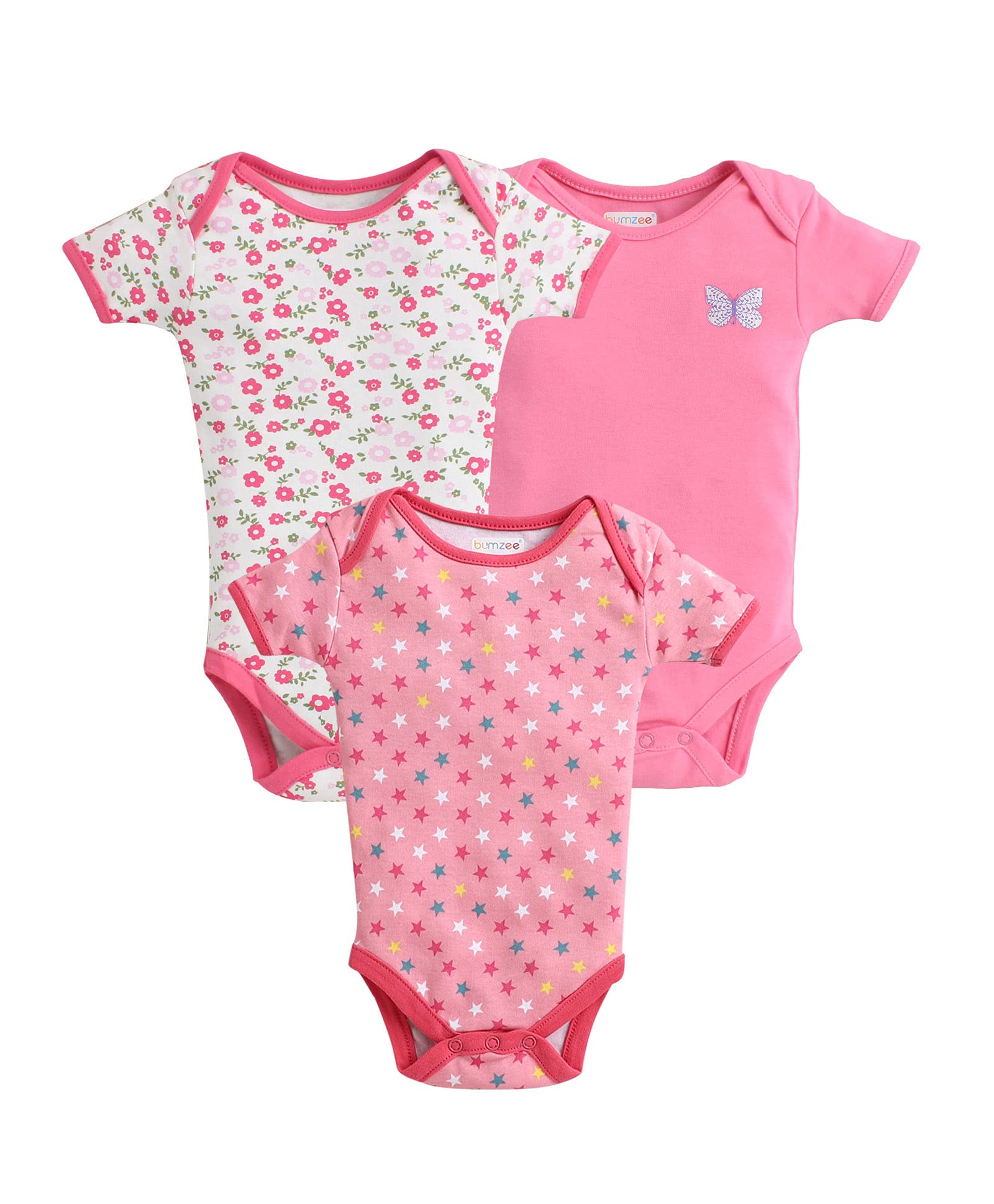 BUMZEE Pink & Peach Half Sleeve Bodysuit Pack Of 3 For Baby Girl Age - 9-12 Months