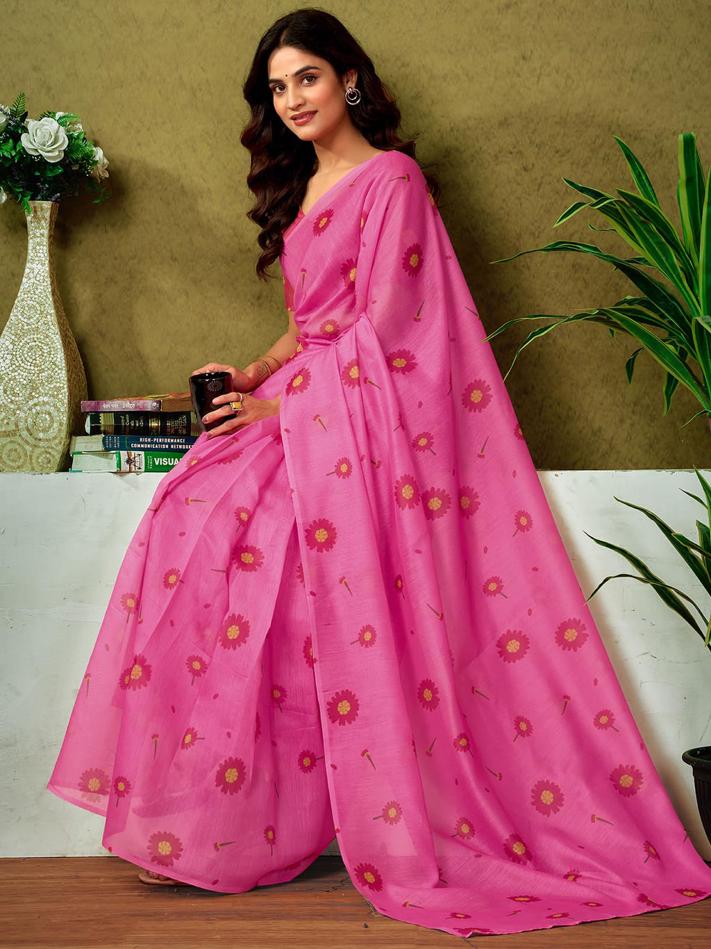 Satrani WomenS Chanderi Cotton Printed Ready To Wear One Minute Pre Pleated Readymade Saree With Unstitched Blouse Piece (32Rs2