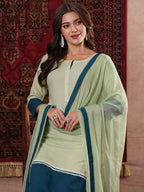 ANNI DESIGNER Ladies Plain Cotton Blend Straight Kurta with Trousers and Dupatta, green, XL