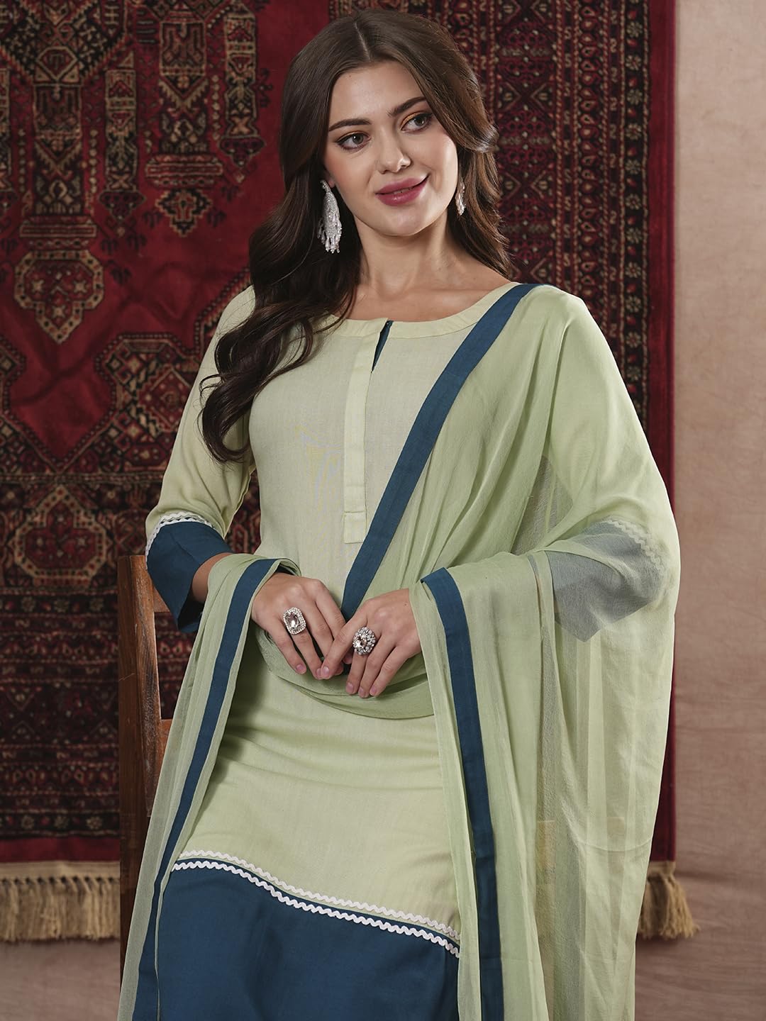 ANNI DESIGNER Ladies Plain Cotton Blend Straight Kurta with Trousers and Dupatta, green, XL