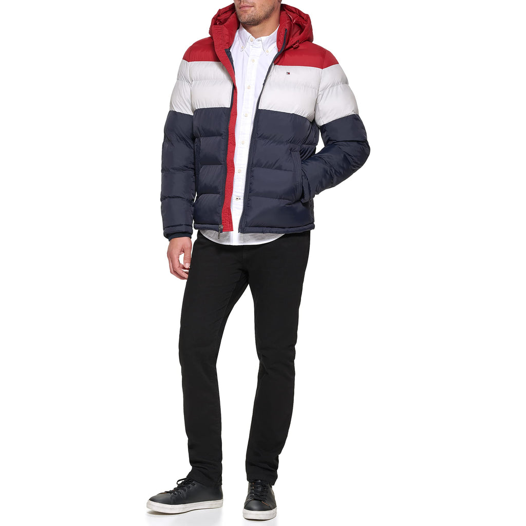 Tommy Hilfiger Men's Hooded Puffer Jacket, Red/White/Midnight, Small