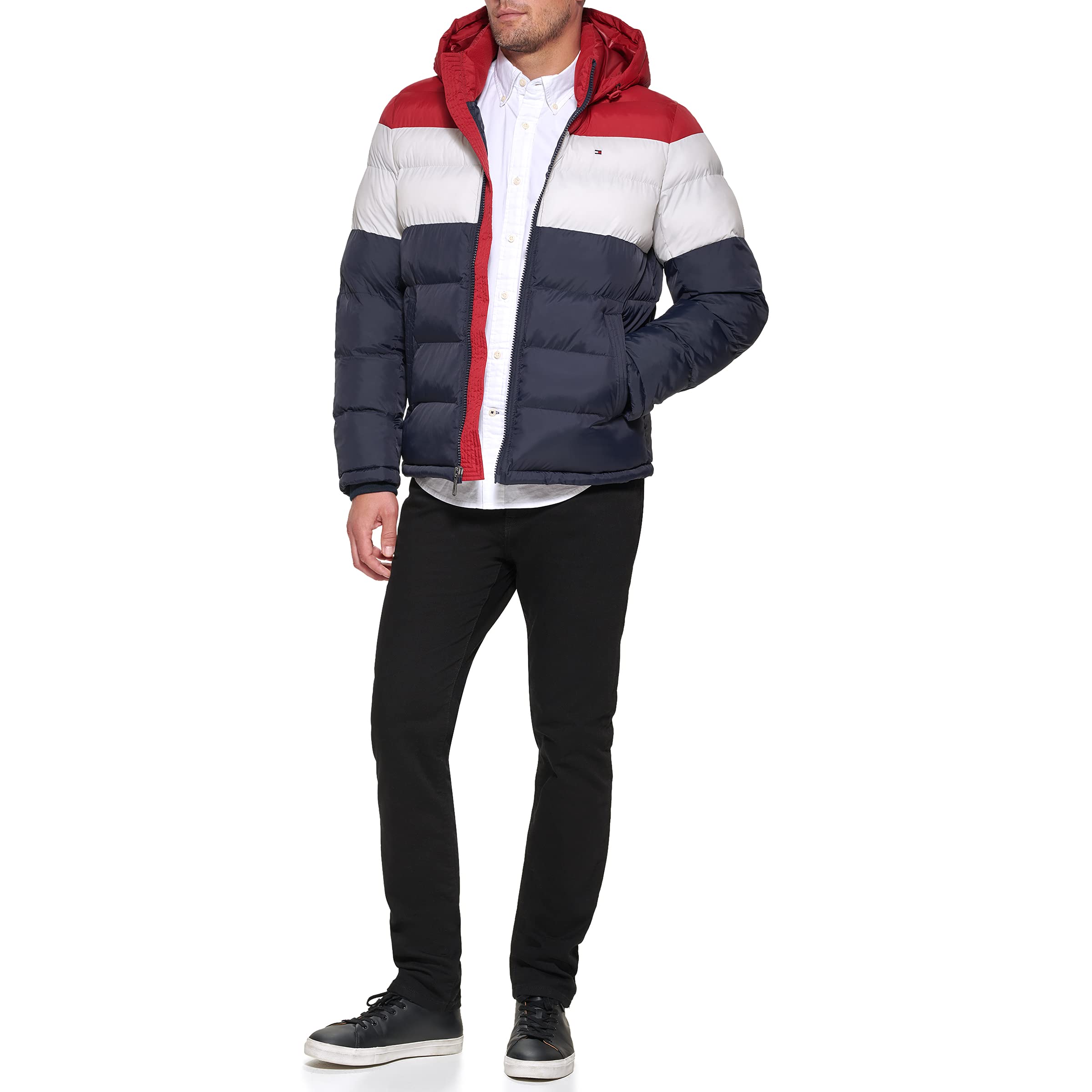 Tommy Hilfiger Men's Hooded Puffer Jacket, Red/White/Midnight, Small