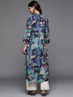 Varanga Women Blue Floral Printed Kurta With Mandarin Collar