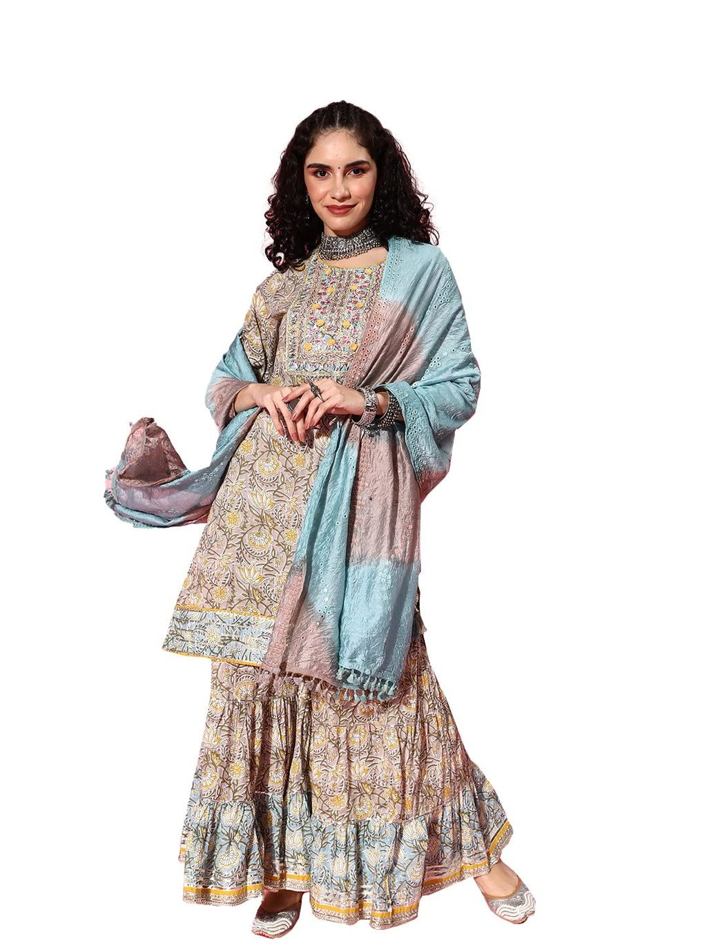 Ishin Women'S Cotton Blend Embroidered A-Line Kurta Suit Set With Dupatta & Sharara Inwsd0541_Ml_L_Multicolor