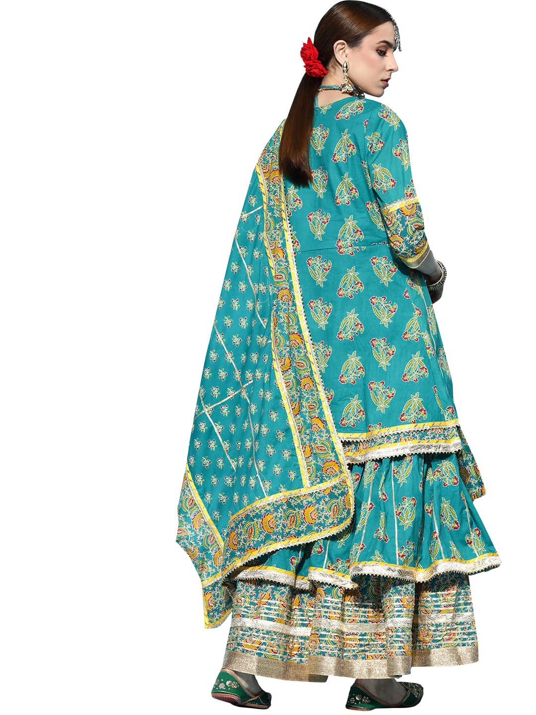 Ishin Women'S Cotton Embroidered A-Line Layered Kurta With Sharara & Dupatta