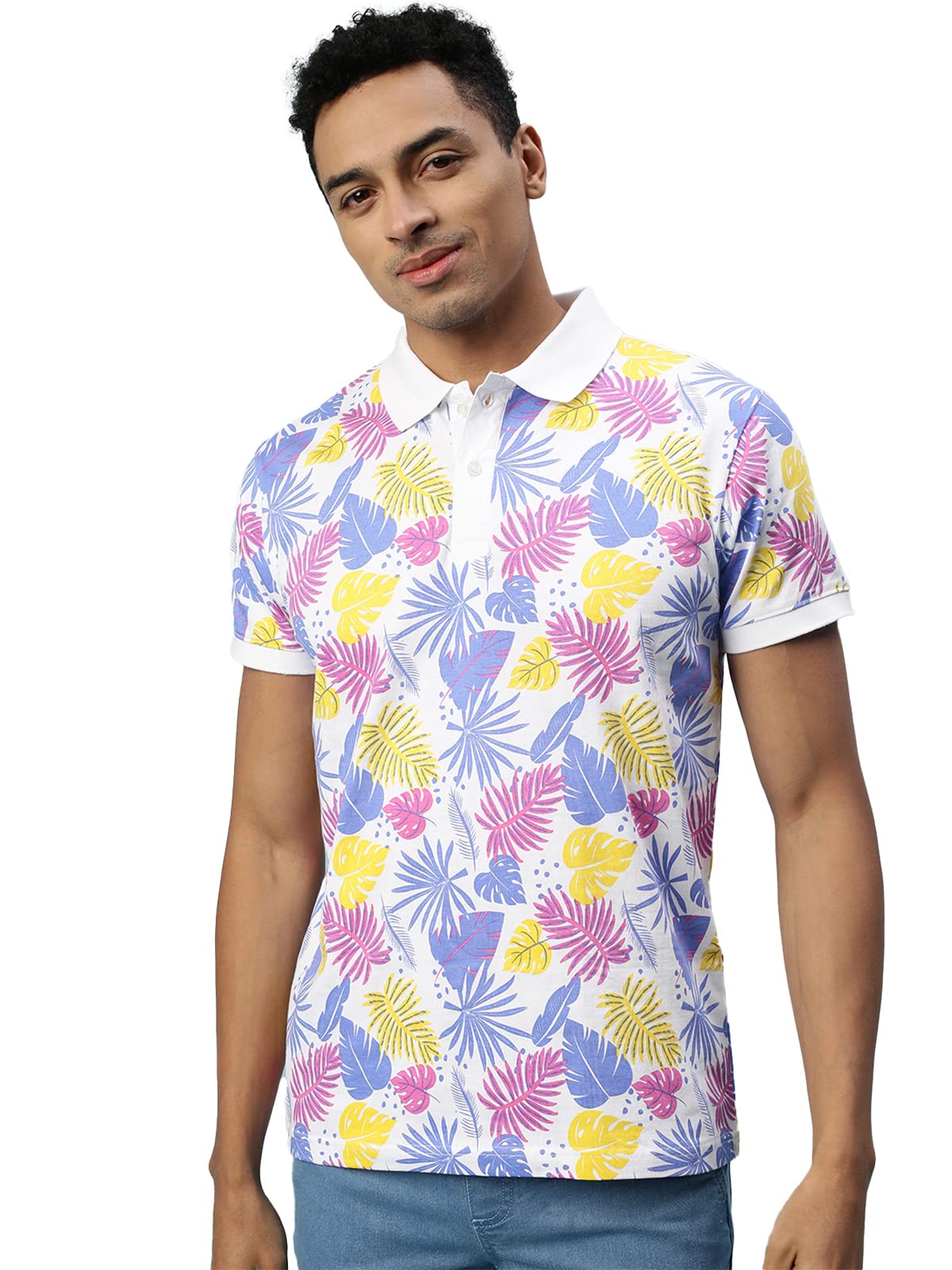 Veirdo Men's Floral Printed Regular Fit Polo T-Shirt