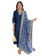 Naixa Womens Petrol Viscose Silk Embroidered Straight Kurta with Viscose Silk Pant and Chinon Printed Dupatta Sets (NX-586-Petr
