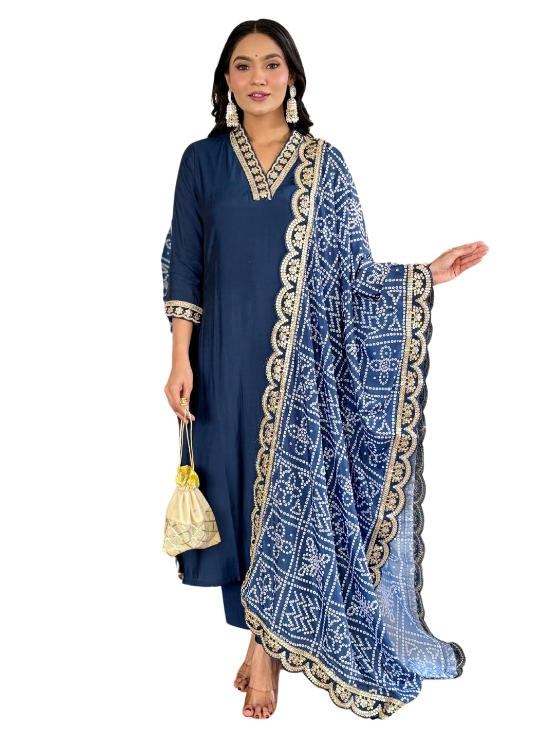 Naixa Womens Petrol Viscose Silk Embroidered Straight Kurta with Viscose Silk Pant and Chinon Printed Dupatta Sets (NX-586-Petr
