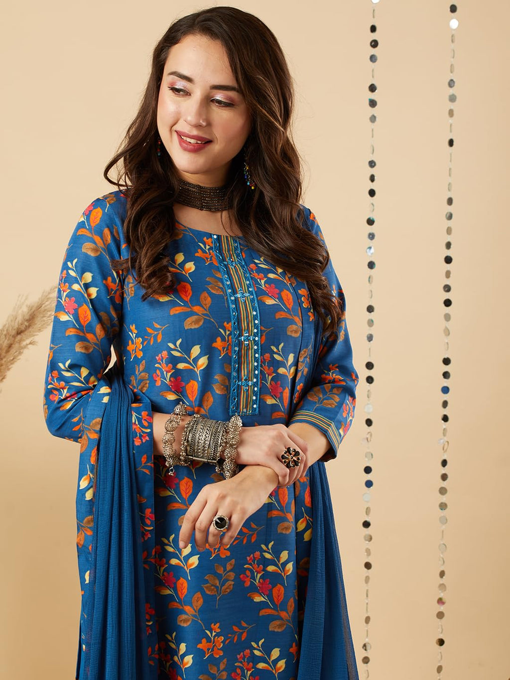 ANNI DESIGNER Womens Cotton Blend Printed Straight Kurta and Pant with Dupatta Set (KALEPING-KEROSIN-NW_M_Dark Blue_Medium)