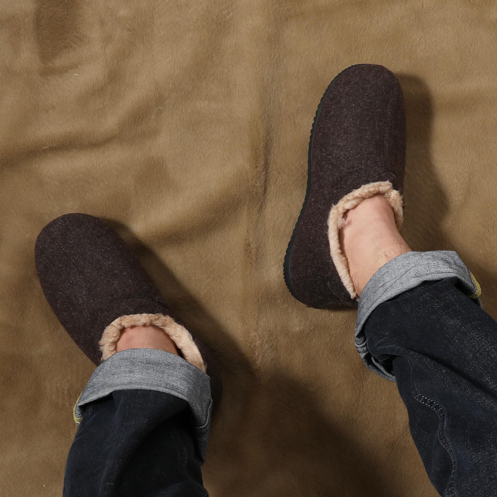 Zizor Men's Fuzzy Wool Fleece Slippers with Cozy Memory Foam, Indoor Outdoor Closed Back House Shoes with Non-skid Rubber Sole H