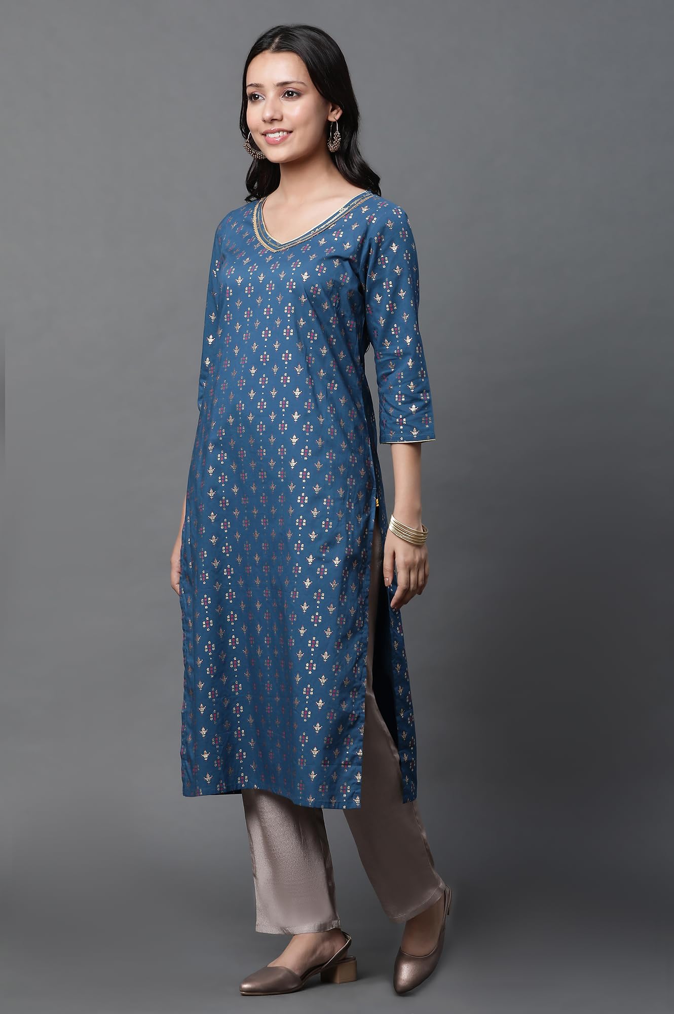Aurelia Geometric Printed Printed Cotton Straight Long Kurta With Lace