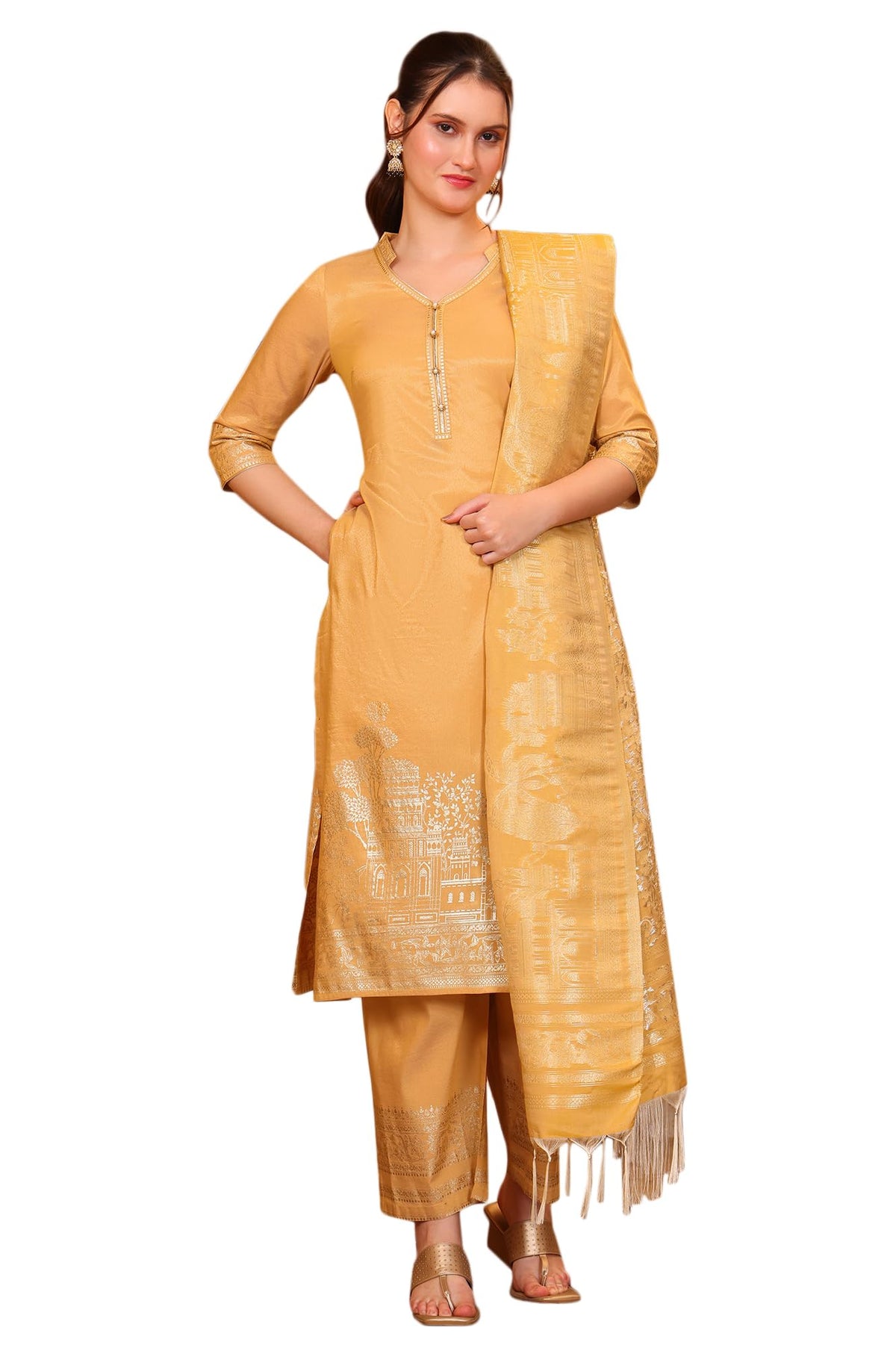 Aurelia Womens Yellow Foil Printed Festive Straight Kurta, Trousers and Dupatta Set (Size: S)-AS16031-509504