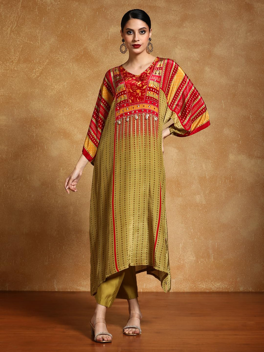 Varanga Women-Floral & Stripper Printed With Shell & Bead Embroidery Kaftan & Trouser