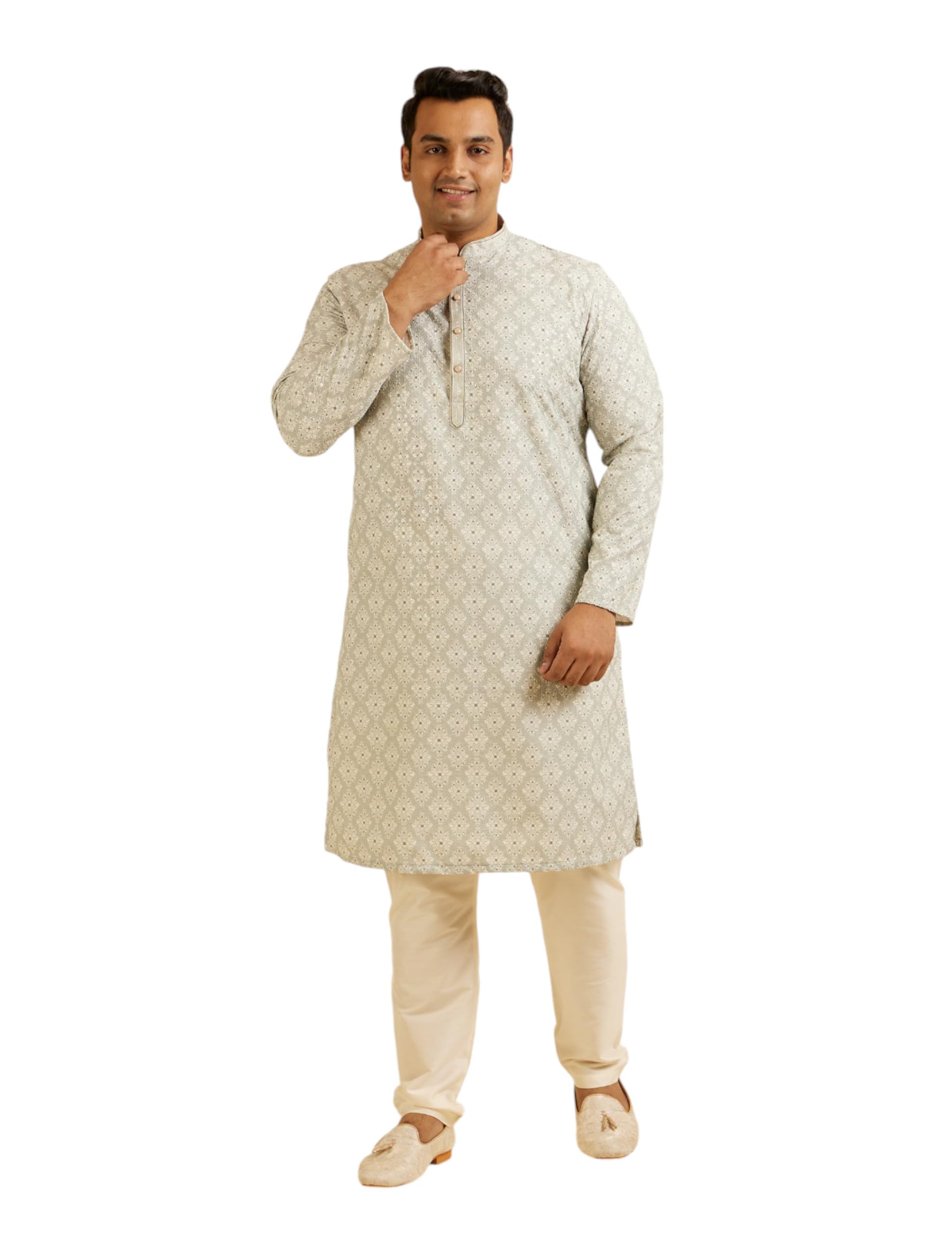 Manyavar Mens Cotton Blend Self-Design Kurta Pyjama Set (Green,04XL)