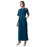 Miss Chase WomenS Teal Round Neck Flared Sleeve Floral Raglan Regular Jumpsuit(Mcss20D04-51-83-06,Blue,Xl)