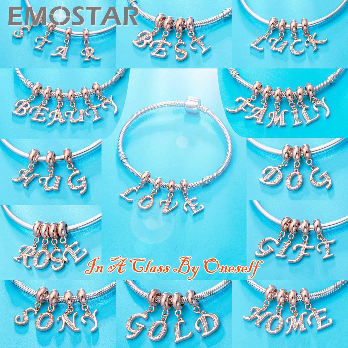 Letter G Charms Initial A-Z Alphabet Word Beads - Rose Gold Authentic 925 Sterling Silver Letra CZ Dangle, fits Pandora Style Br