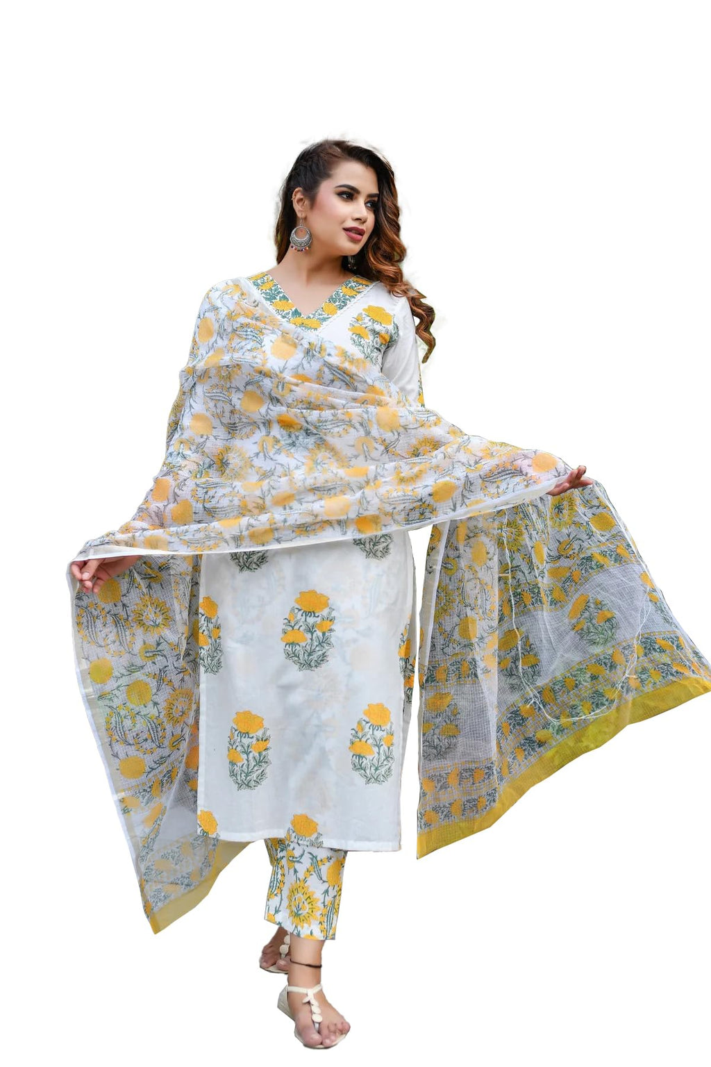 Fashion Basket Women'S White Color Cotton Anarkali Kurta Set With Duptta For Women (White Yellow, M)