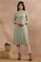W For Woman Green Striped Print Cotton Straight Kurta