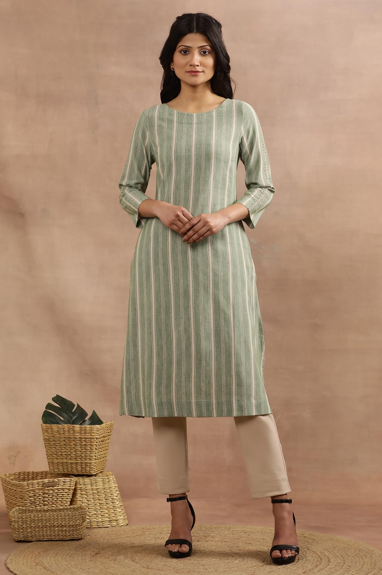 W For Woman Green Striped Print Cotton Straight Kurta